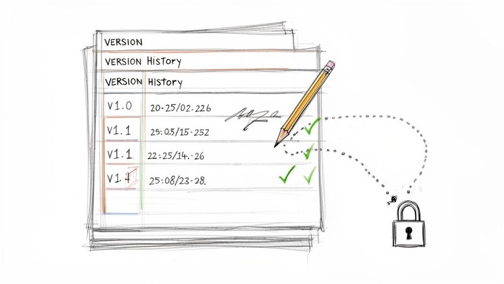 Hand-drawn image showing a version history log with revisions, a pencil, green checkmarks, and a padlock.