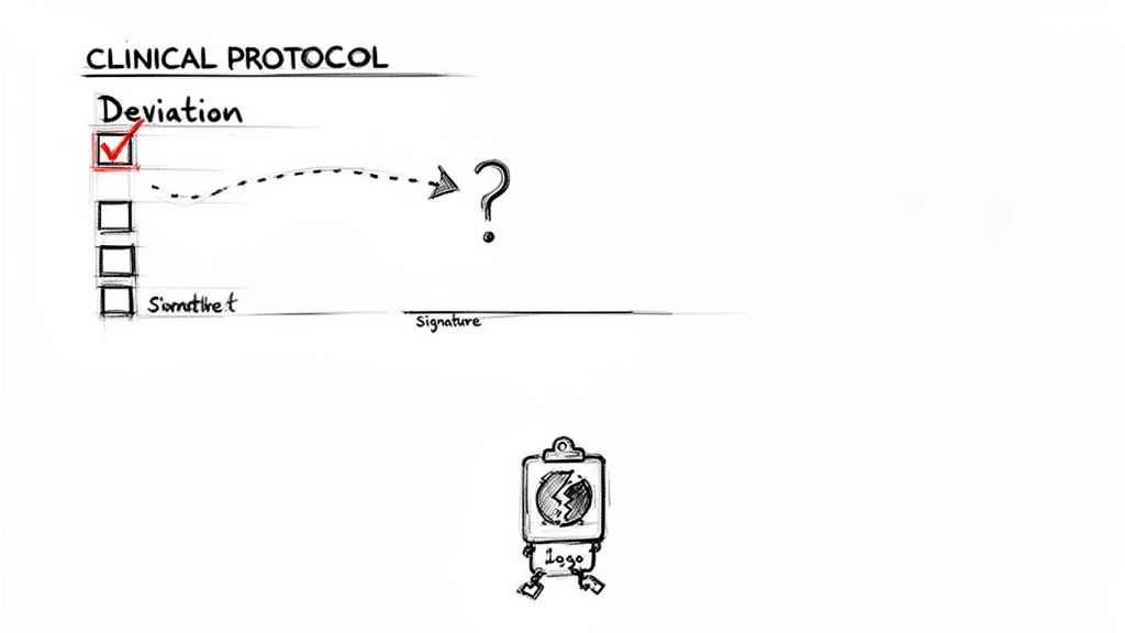 Hand-drawn clinical protocol checklist with 'Deviation' checked, leading to a question mark.