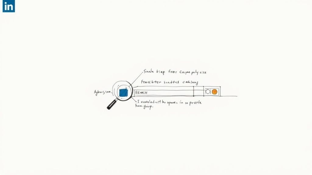 Hand-drawn sketch of a LinkedIn search bar with a magnifying glass and notes.