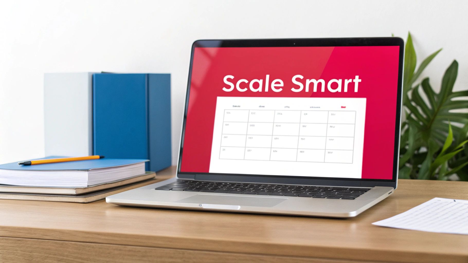 A modern laptop on a wooden desk showing "Scale Smart" on the screen, surrounded by office supplies and a plant.