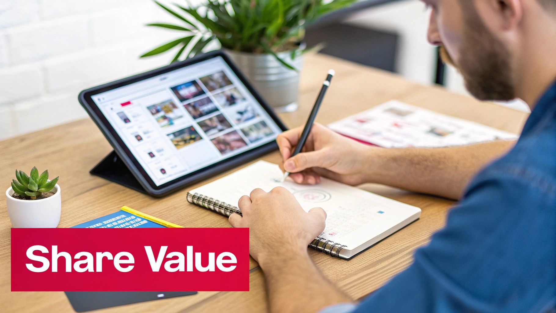 Person's hands writing notes with a stylus in a notebook, with a tablet and plant on a desk.