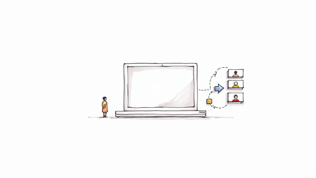 Illustration of a person looking at a laptop, connecting to three other people in an online meeting.