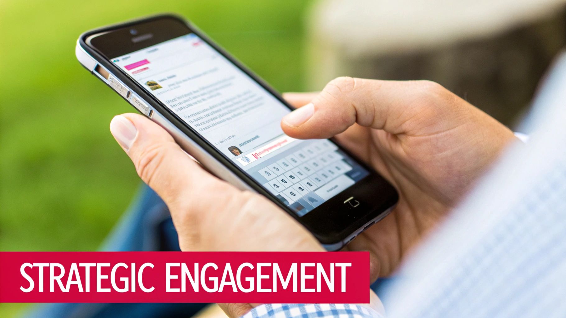 Close-up of a person's hands holding and typing on a smartphone, blurred green background.