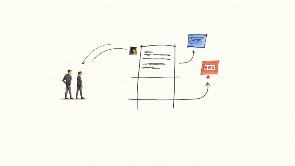 Illustrated diagram showing two men observing a workflow with a profile, document, and two outcome boxes.