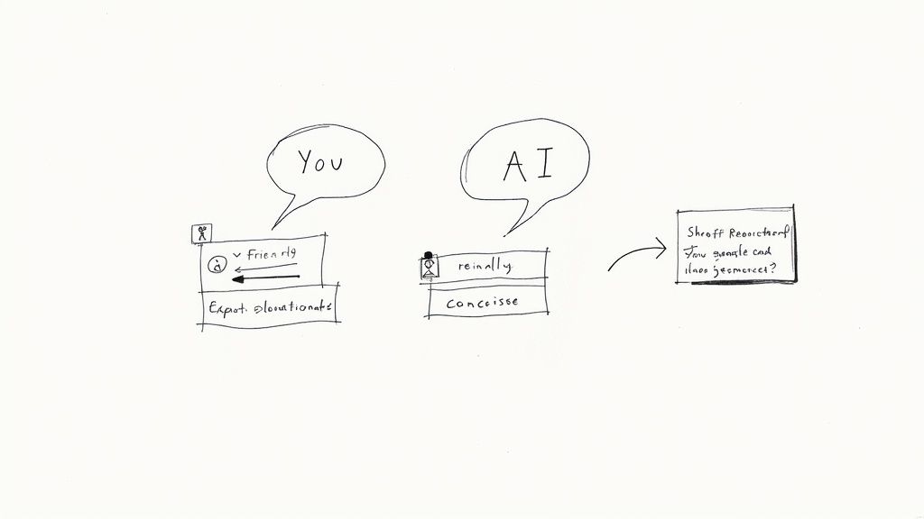 Hand-drawn diagram of a user giving friendly, elaborate input to an AI for concise output.