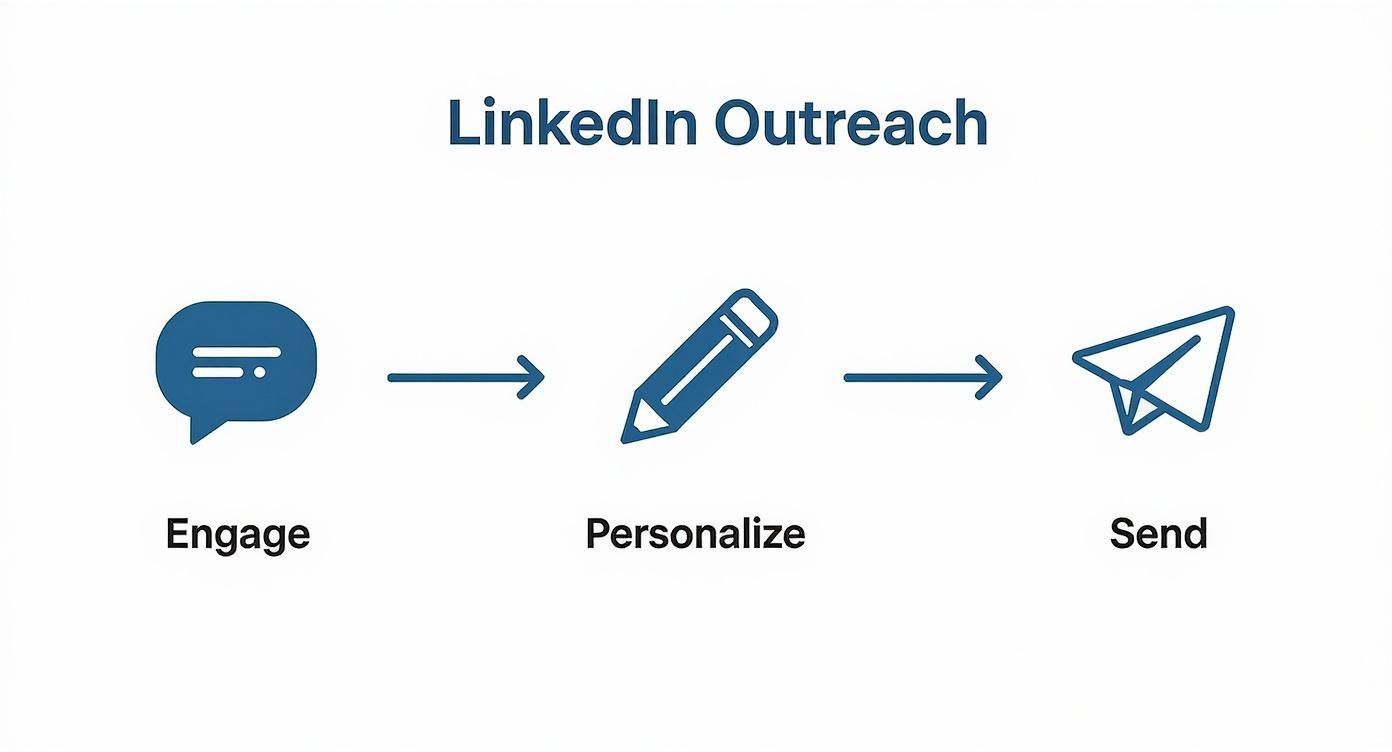 A visual representation of the LinkedIn outreach process with three steps: Engage, Personalize, Send.