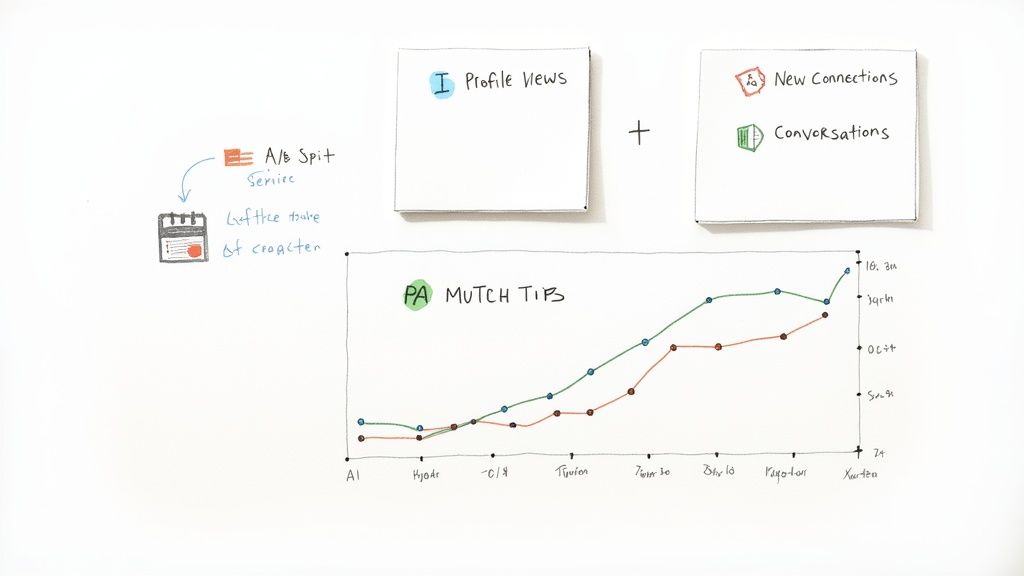 Hand-drawn whiteboard diagram illustrating A/B testing, user engagement metrics, and a performance trend graph.