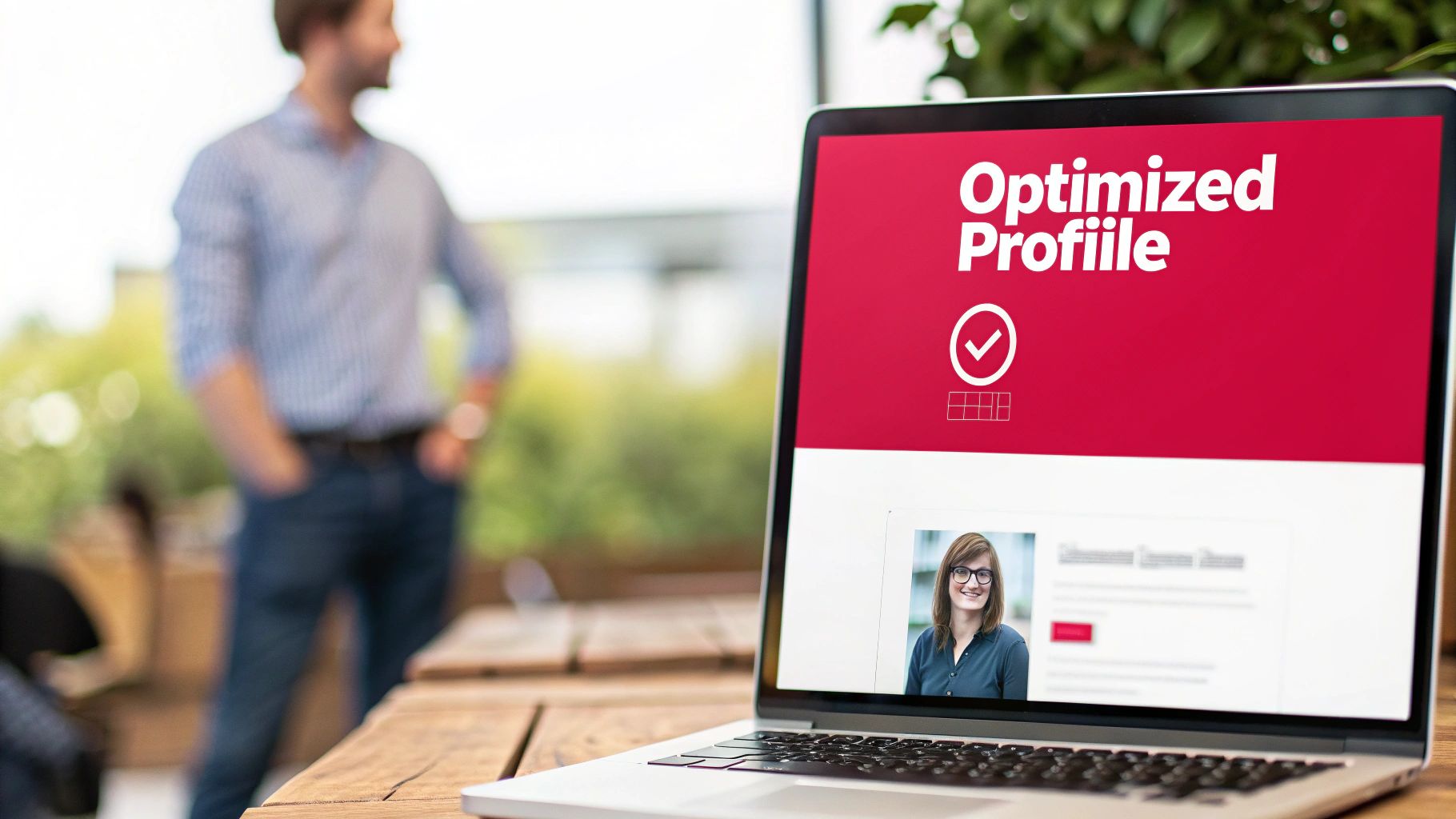 Laptop on a wooden table displays an 'Optimized Profiile' with a smiling woman's profile picture.