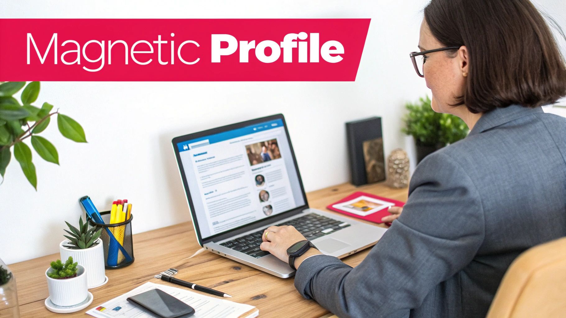A woman with glasses works on a laptop at a wooden desk, showcasing a 'Magnetic Profile'.