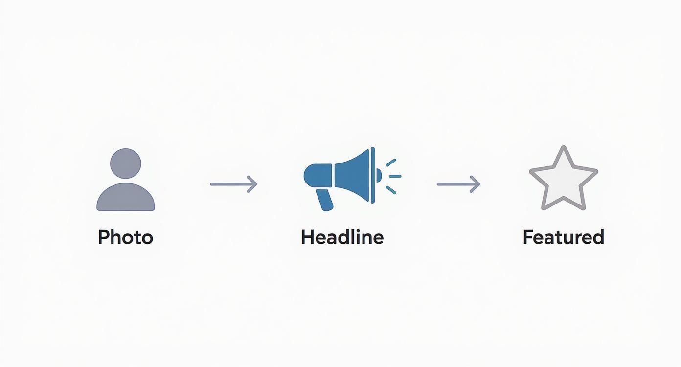 A diagram illustrates a process from a person's photo to a headline (megaphone icon) and then to being featured (star icon).