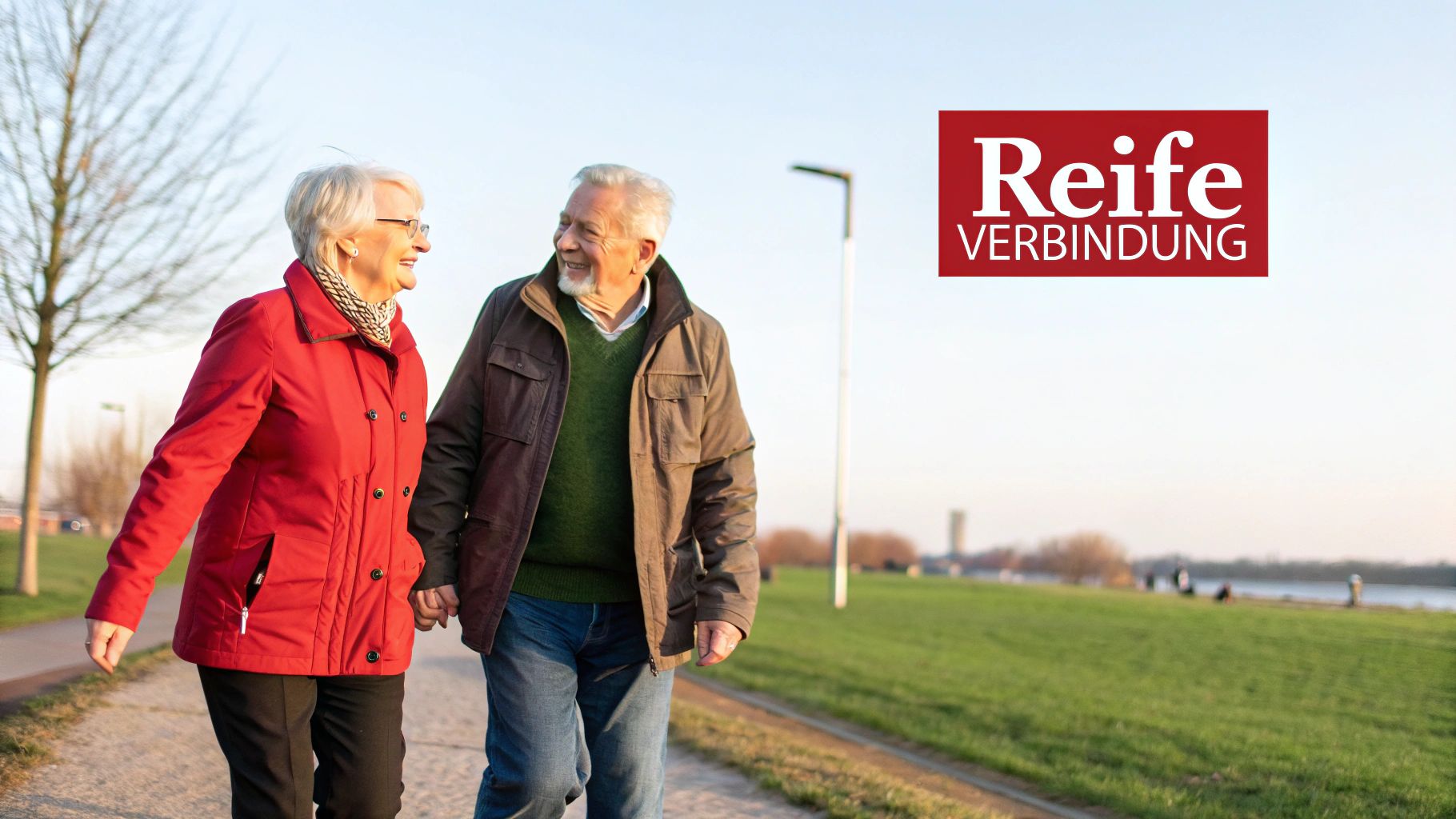 Glückliches älteres Paar spaziert Hand in Hand im Freien, lächelnd, mit Text „Reife VERBINDUNG“.