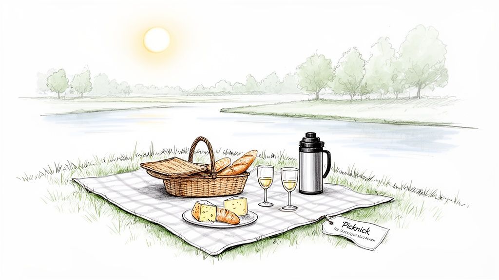 Idyllisches Picknick am Seeufer mit Korb, Baguettes, Käse und Getränken unter strahlender Sonne.