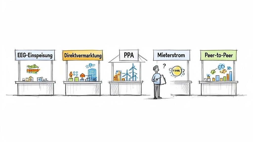 Ein Mann betrachtet fünf Marktstände, die verschiedene Wege zum Verkauf von Solarstrom darstellen: EEG, Direktvermarktung, PPA, Mieterstrom, Peer-to-Peer.