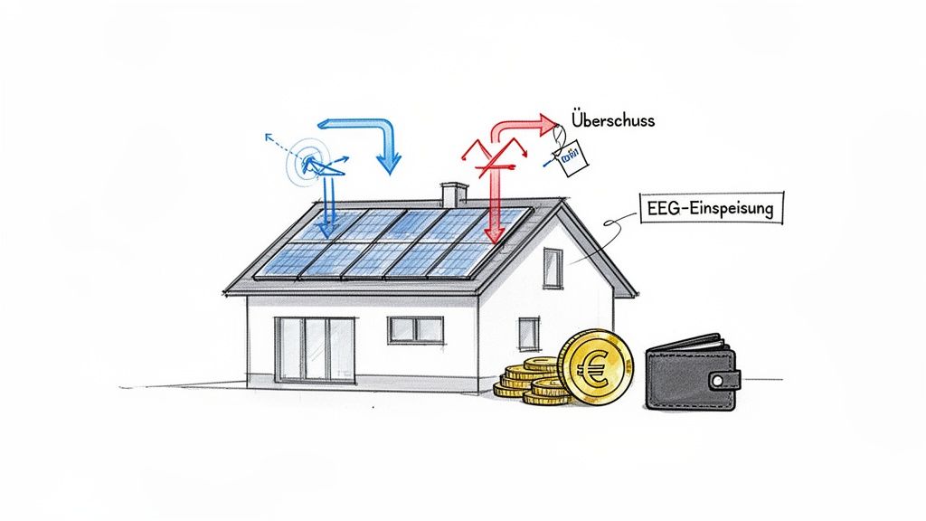 Haus mit Solaranlage, das Eigenverbrauch, Stromüberschuss und EEG-Einspeisung visualisiert, mit Geldmünzen und Geldbörse.