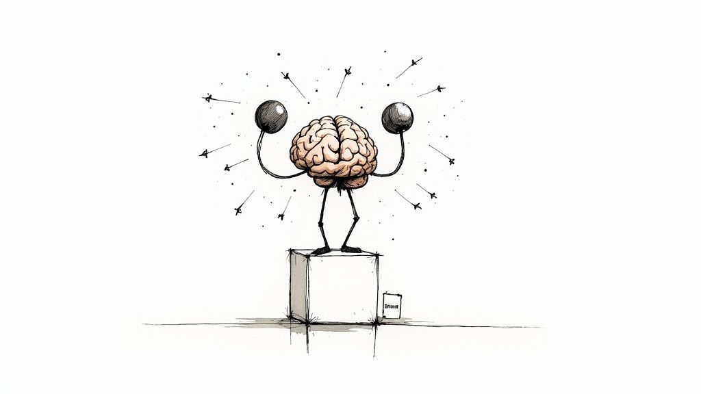 Ein animiertes Gehirn hebt Hanteln auf einem Würfel, um Gehirntraining und mentale Stärke zu symbolisieren.