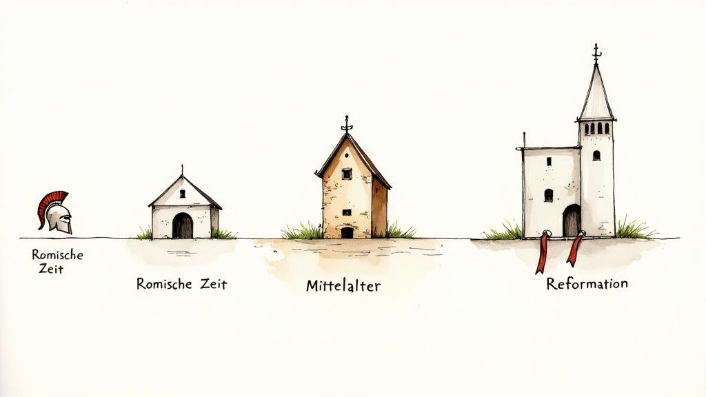 Illustration von drei Gebäuden und einem Helm, die die Entwicklung von der Römischen Zeit bis zur Reformation zeigen.