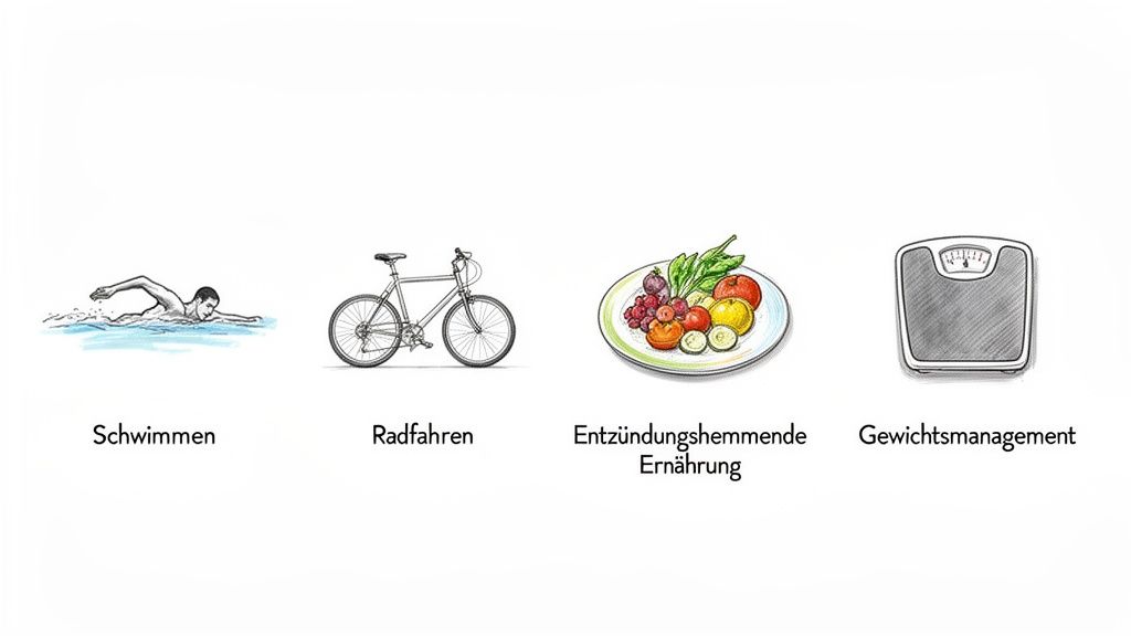 Vier Illustrationen: Schwimmen, Radfahren, entzündungshemmende Ernährung und Gewichtsmanagement für einen gesunden Lebensstil.