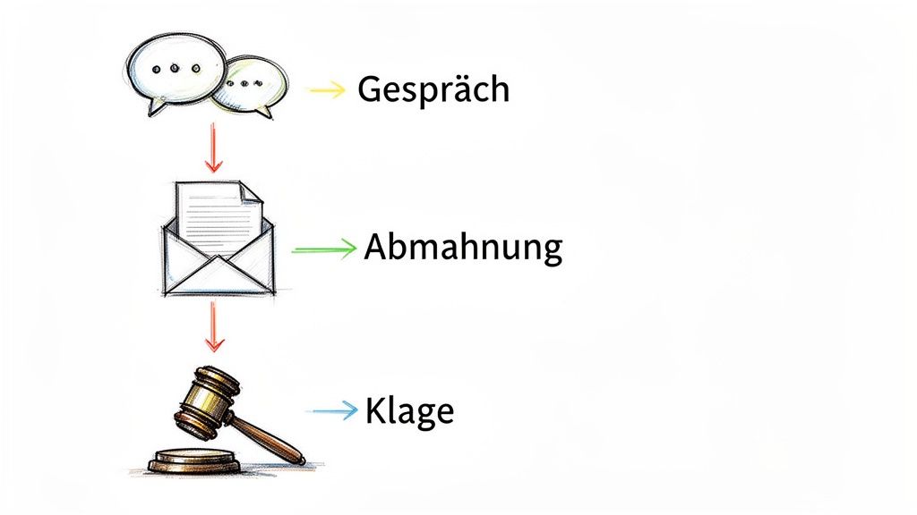 Flussdiagramm eines rechtlichen Prozesses: Gespräch, gefolgt von einer Abmahnung und endend mit einer Klage.