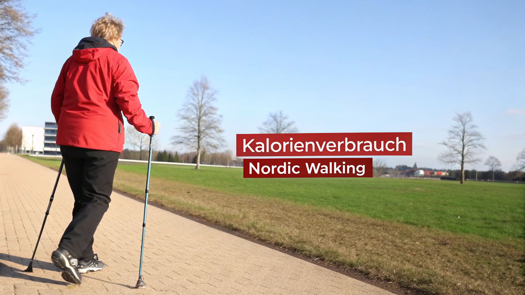 Eine Person macht Nordic Walking auf einem gepflasterten Weg, neben einem Grashang unter blauem Himmel.