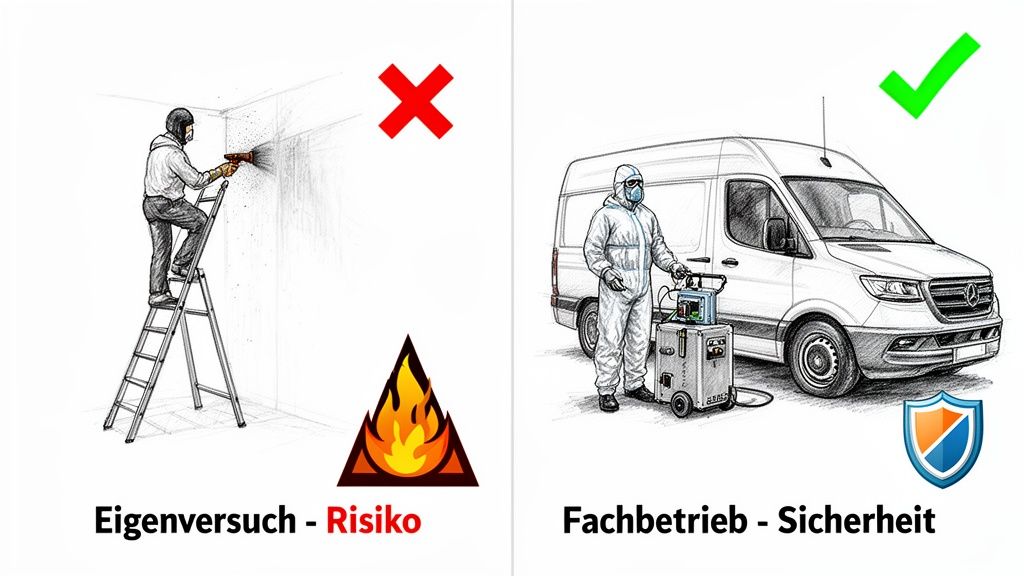 Vergleich: Riskantes DIY (Wespennest entfernen) gegen sichere, professionelle Dienstleistung mit Schutzausrüstung und Fahrzeug.