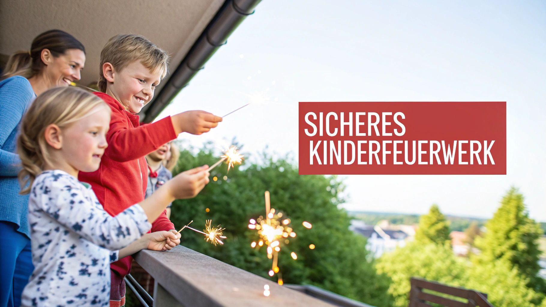 Lachende Mutter und Kinder halten Wunderkerzen auf einem Balkon, um sicheres Kinderfeuerwerk zu zeigen.
