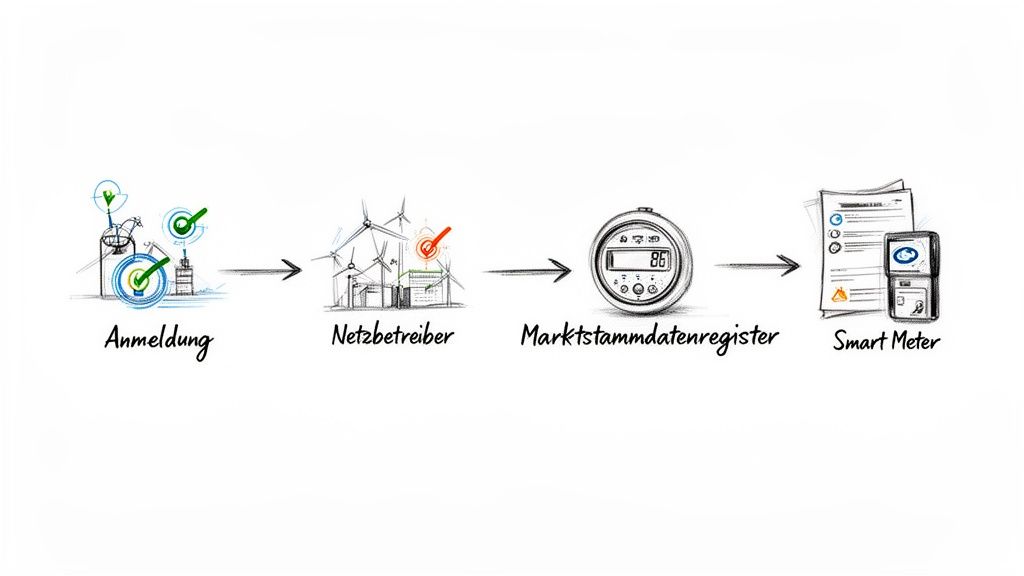 Diagramm, das den Anmelde- und Registrierungsprozess für Energieerzeugungsanlagen zeigt, von der Anmeldung bis zum Smart Meter.