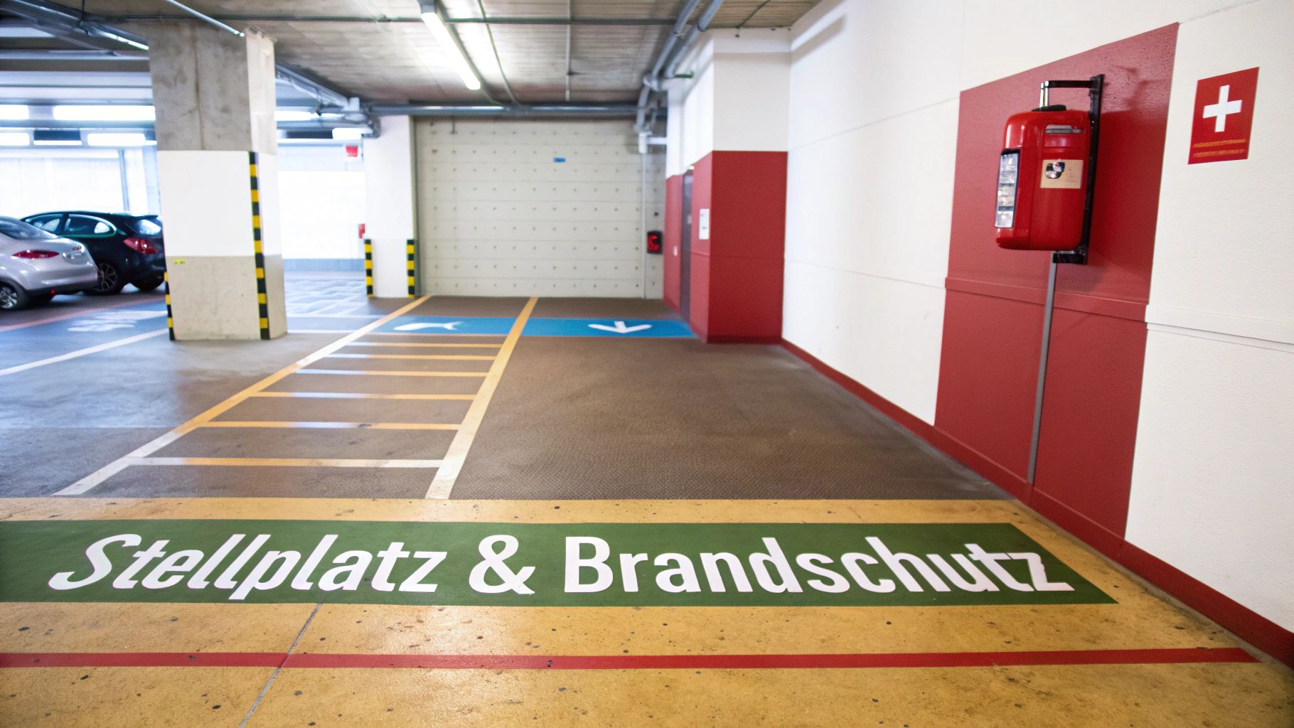 Eine Tiefgarage mit gekennzeichneten Stellplätzen, Brandschutzausrüstung und einem Bodenhinweis zu Brandschutz.