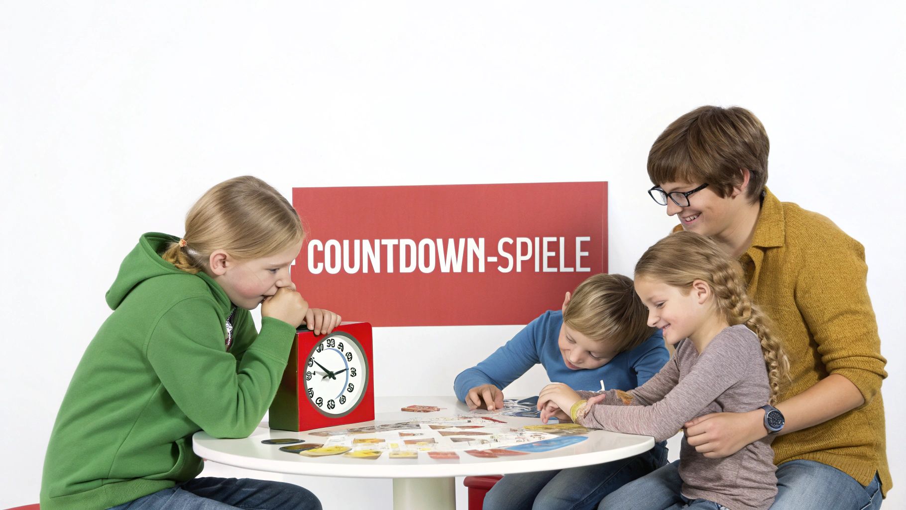 Vier Personen spielen ein Brettspiel mit einem Timer unter einem großen "COUNTDOWN-SPIELE"-Banner.