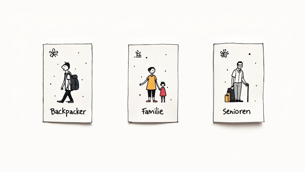 Drei handgezeichnete Karten zeigen verschiedene Reisende: einen Backpacker, eine Familie und Senioren mit Gepäck.