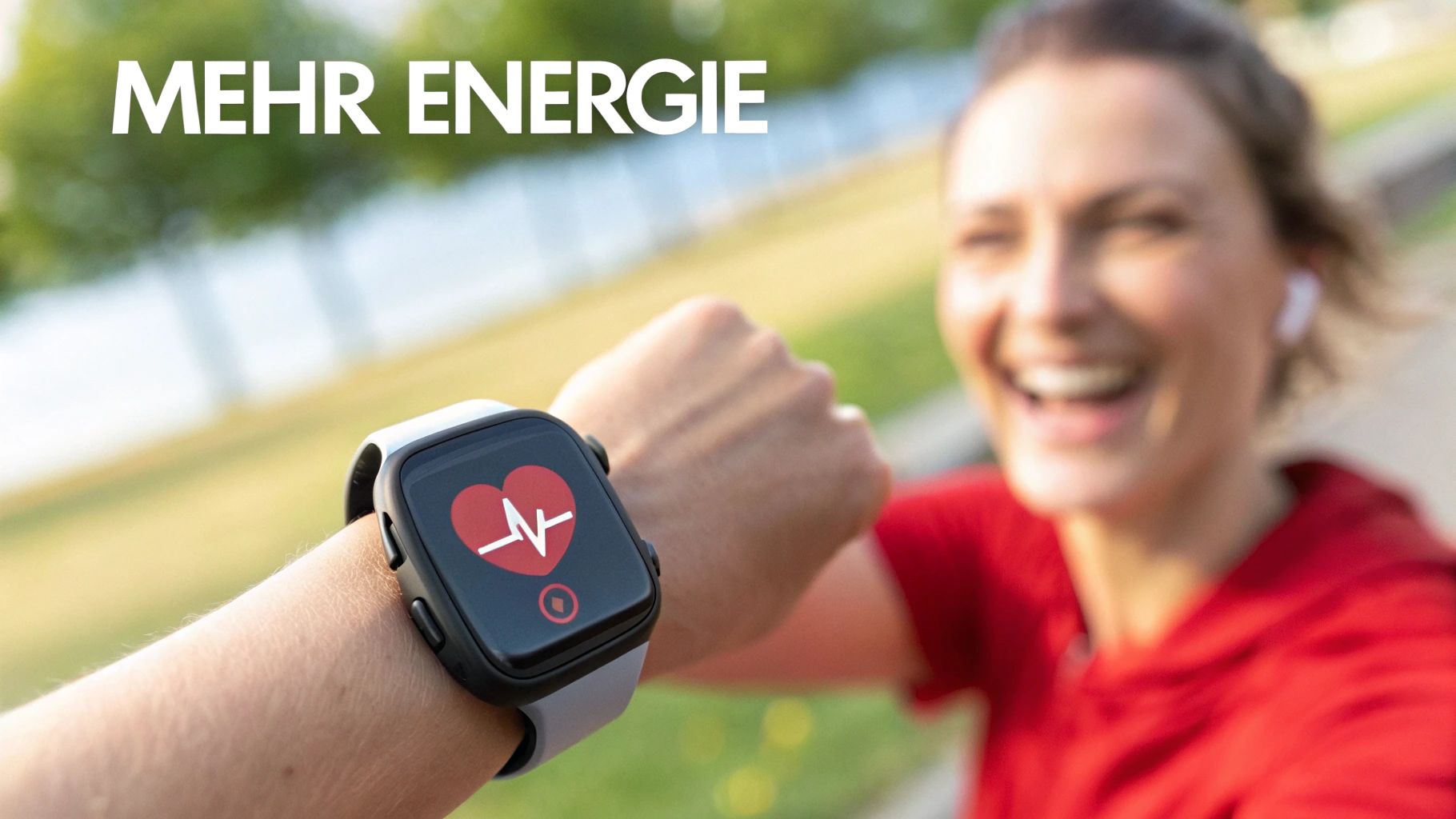 Lachende Frau trägt eine Smartwatch, die ihre Herzfrequenz anzeigt. Der Text lautet 'MEHR ENERGIE'.