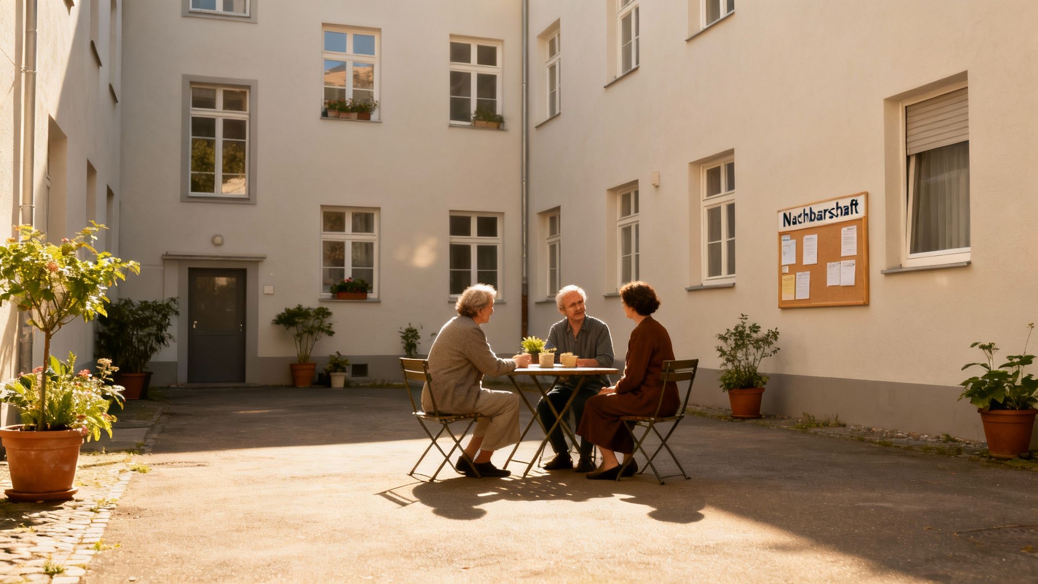 Drei ältere Menschen unterhalten sich an einem Tisch in einem sonnigen Innenhof mit Wohngebäuden.