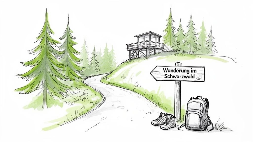 Illustration eines Wanderwegs mit Aussichtsturm, umgeben von Tannenbäumen. Ein Schild zeigt auf 'Wanderung im Schwarzwald' neben Wanderstiefeln und Rucksack.