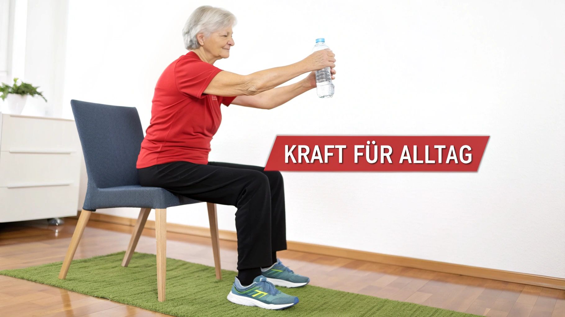 Ältere Frau macht auf einem Stuhl sitzend Kraftübungen mit einer Wasserflasche.