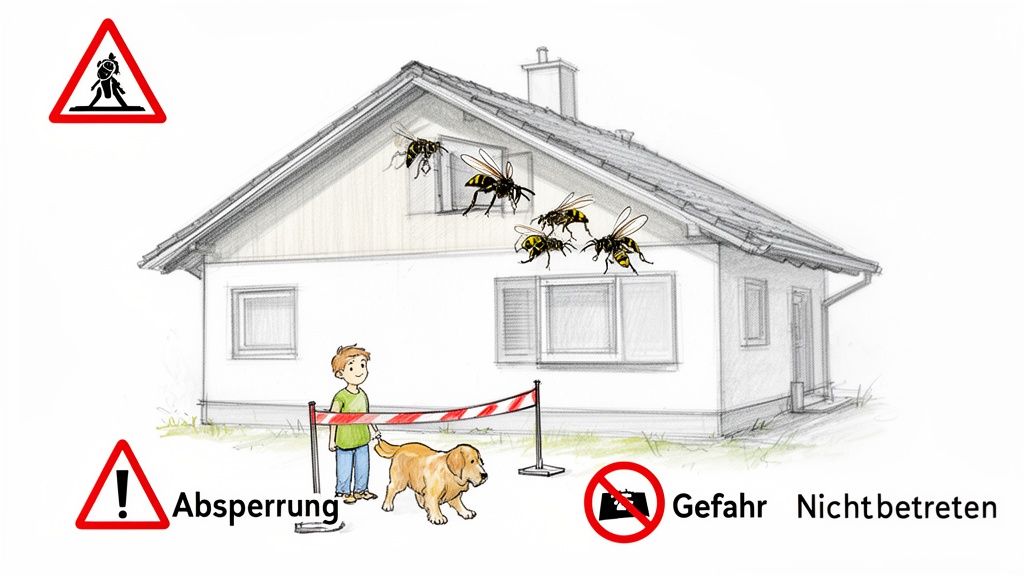 Absperrung um Haus mit Wespennest am Dachgiebel. Ein Junge und sein Hund halten Abstand. Achtung, Gefahr!