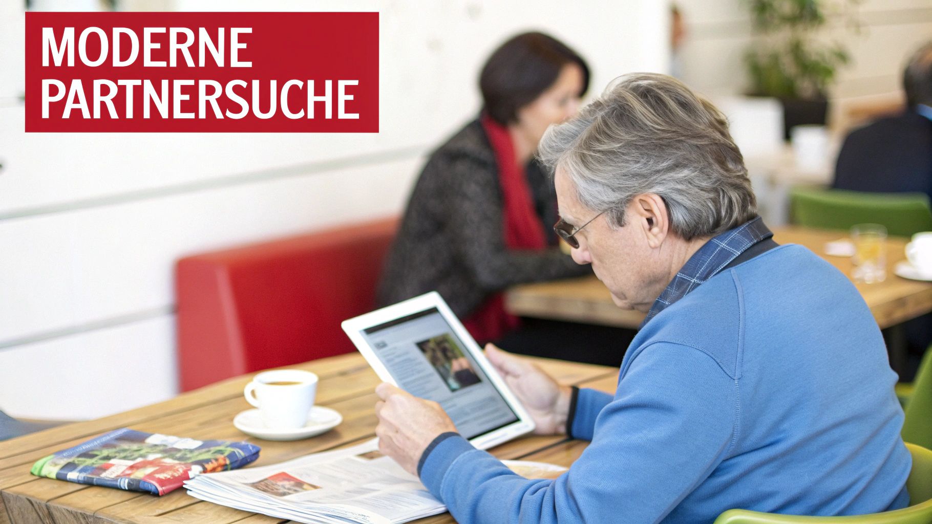Älterer Mann sitzt in einem Café und nutzt ein Tablet zur modernen Partnersuche, mit einer Frau im Hintergrund.