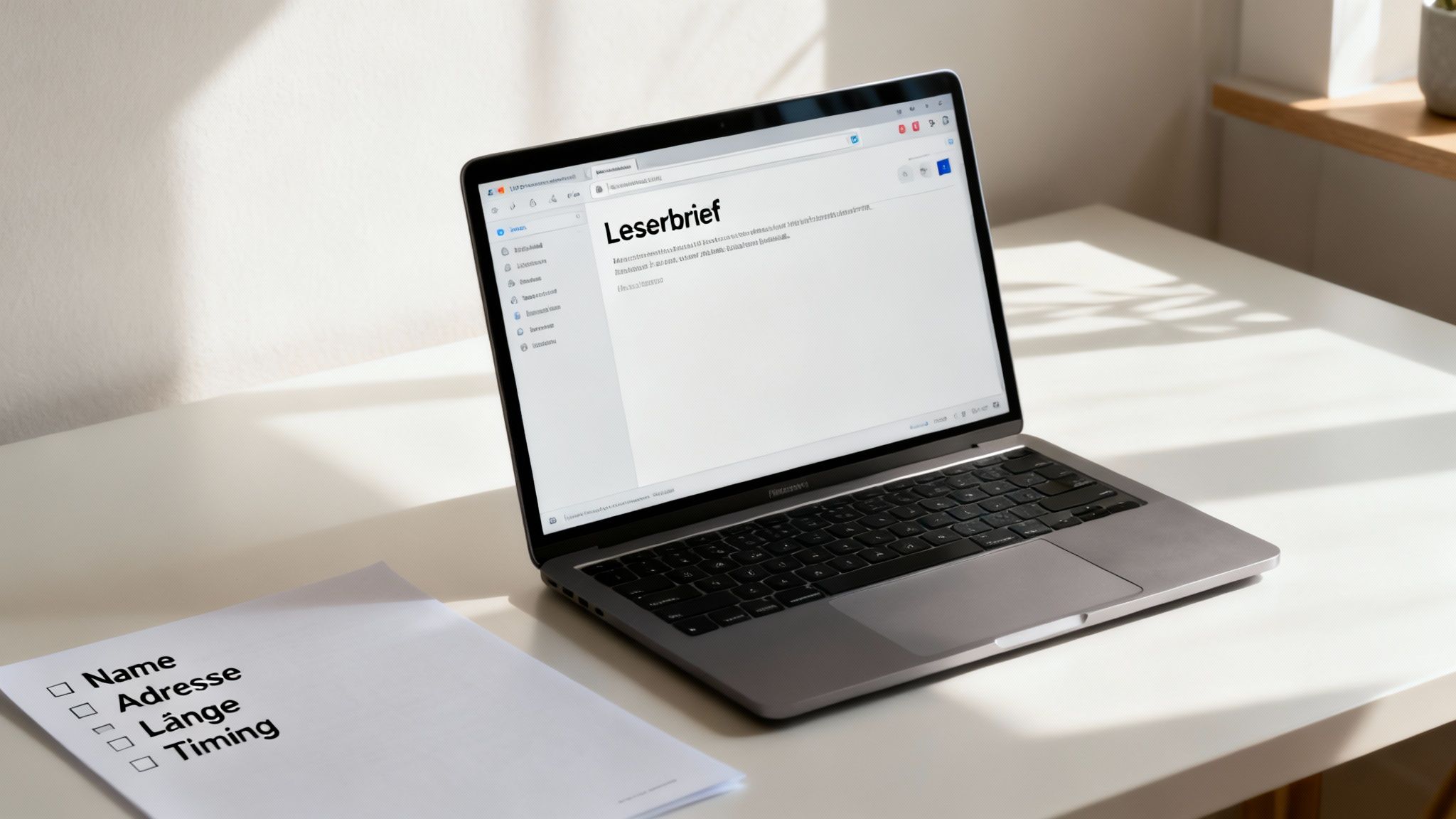 Laptop zeigt Leserbrief-Dokument auf dem Bildschirm mit Checkliste Name, Adresse, Länge, Timing daneben