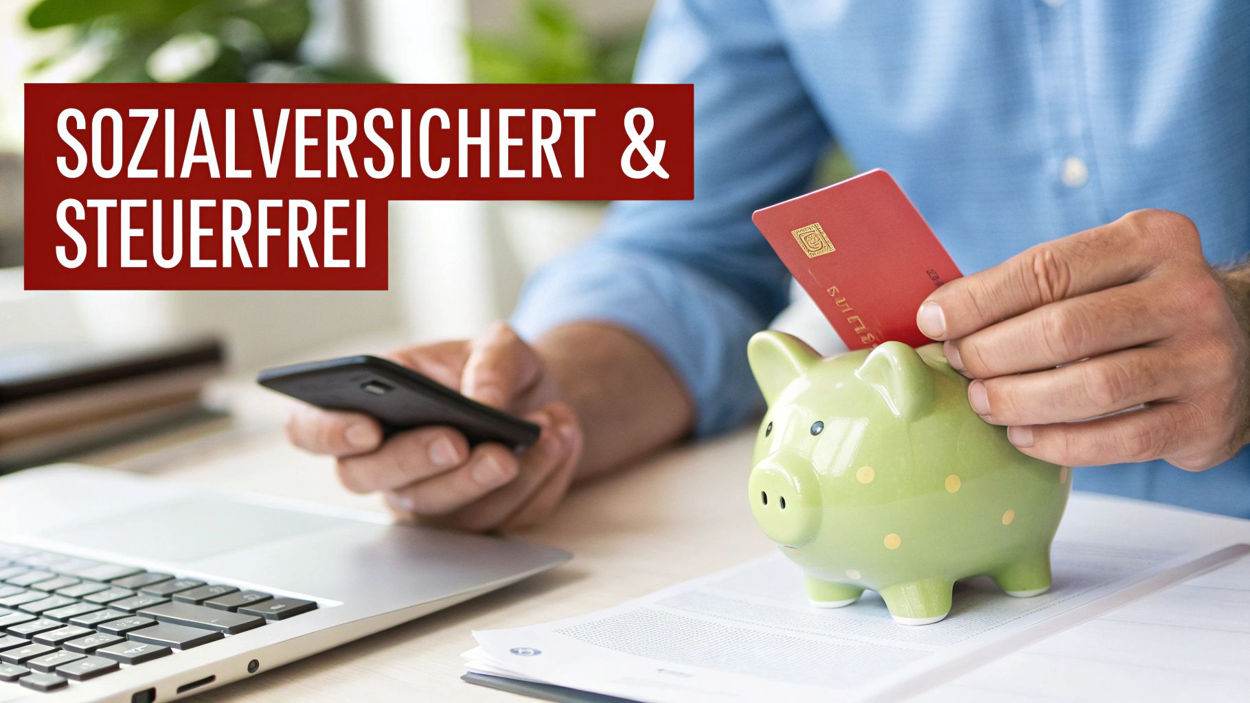 Hände stecken rote Karte in Sparschwein neben Laptop und Smartphone. Text: Sozialversichert & Steuerfrei.