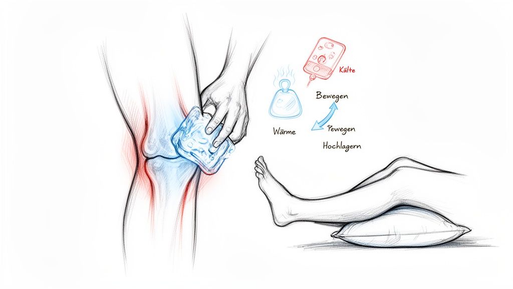 Illustration zur Behandlung von Kniegelenkschmerzen mit Eispack, Wärme, Bewegung und Hochlagerung des Beins.