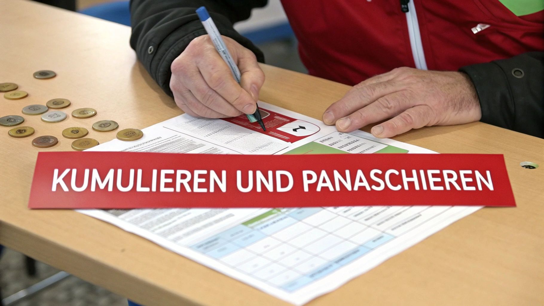 Person füllt Stimmzettel bei Kommunalwahl aus, daneben liegen Informationsmaterialien und Wahlmünzen auf dem Tisch