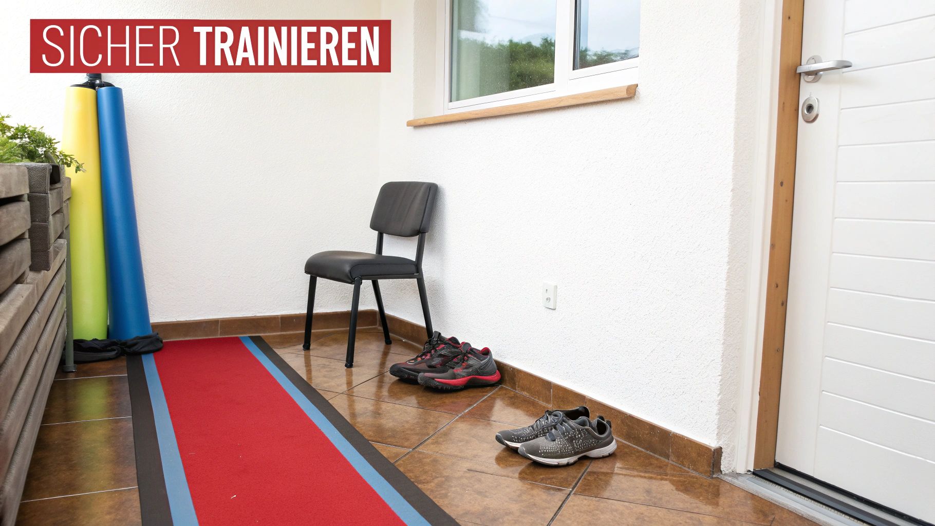 Ein häuslicher Trainingsbereich mit roter Matte, Stuhl, Fitnessrollen und Sportschuhen für sichere Übungen.