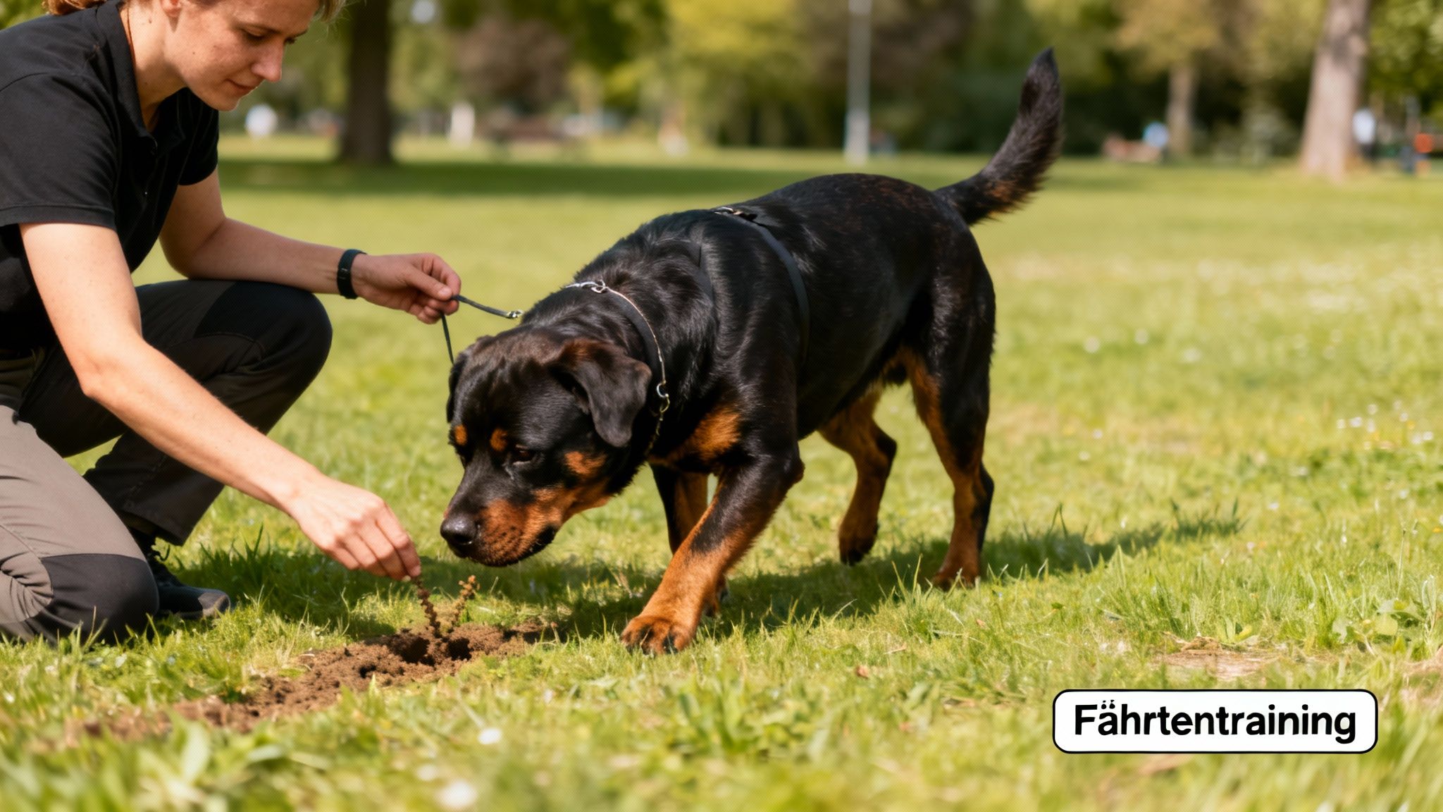 Eine Frau kniet und trainiert einen Rottweiler im Fährtentraining auf einer grünen Wiese.