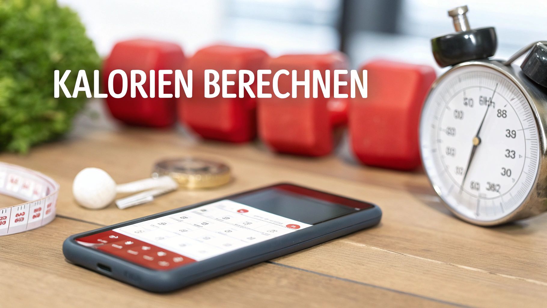 Ein Smartphone mit einer Fitness-App, Messband, Hanteln und einer Stoppuhr auf einem Holztisch, mit Text 'KALORIEN BERECHNEN'.