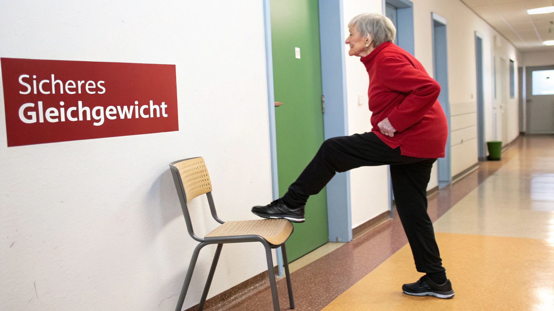 Eine ältere Frau macht Gleichgewichtsübungen, indem sie einen Fuß auf einen Stuhl stellt, neben einem Schild 'Sicheres Gleichgewicht'.