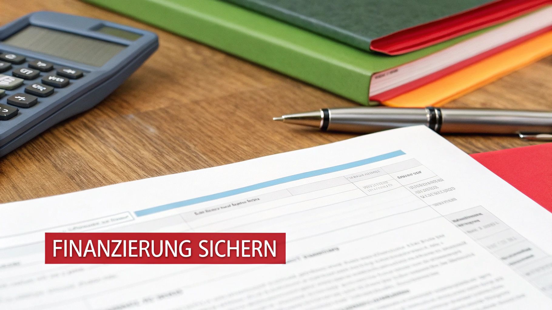 Ein Schreibtisch mit Taschenrechner, Finanzdokumenten und einem Stift. Im Vordergrund steht der Text: 'FINANZIERUNG SICHERN'.