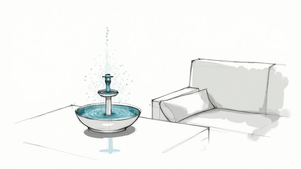 Handgezeichnete Skizze eines modernen Zimmerbrunnens, der Wasser auf einem Beistelltisch neben einem Sofa speit.