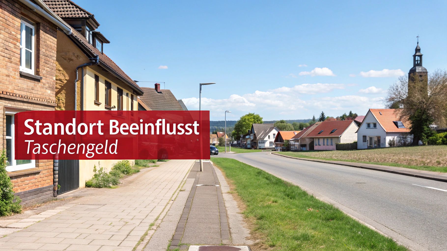 Blick auf eine Dorfstraße mit Häusern, einem Kirchturm und einem roten Banner mit der Aufschrift 'Standort Beeinflusst Taschengeld'.