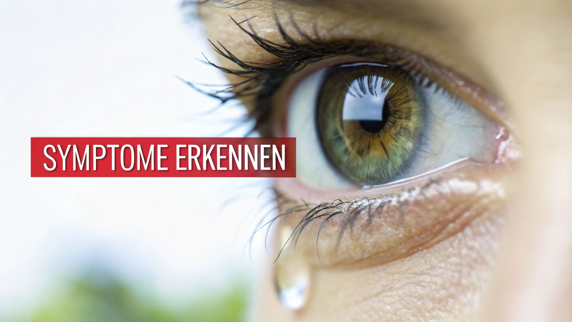 Nahaufnahme eines grünen Auges mit einer Träne, daneben ein roter Balken mit der Aufschrift 'SYMPTOME ERKENNEN'.