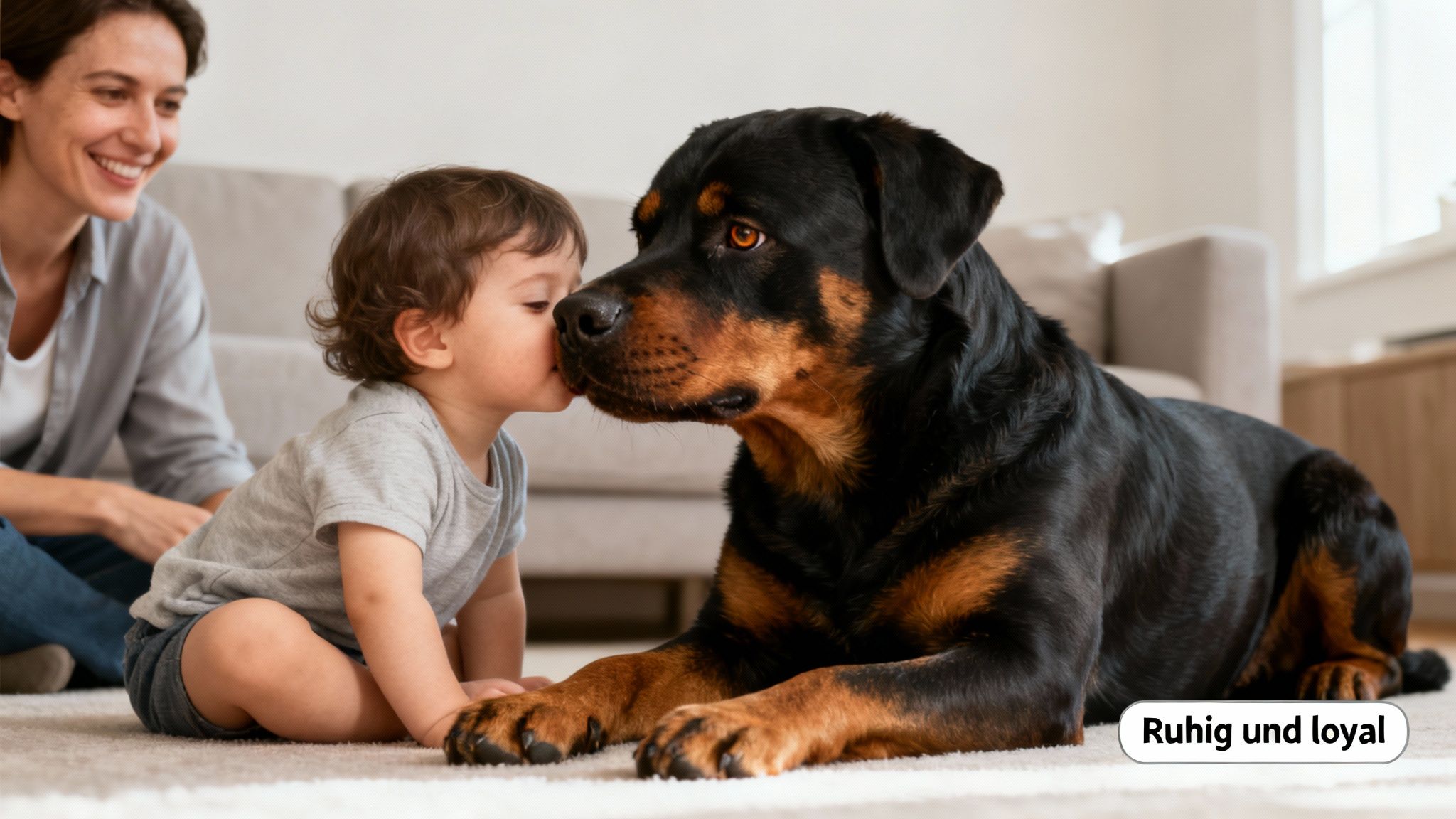 Ein kleines Kind küsst einen freundlichen Rottweiler, während eine glückliche Frau im Hintergrund lächelt.