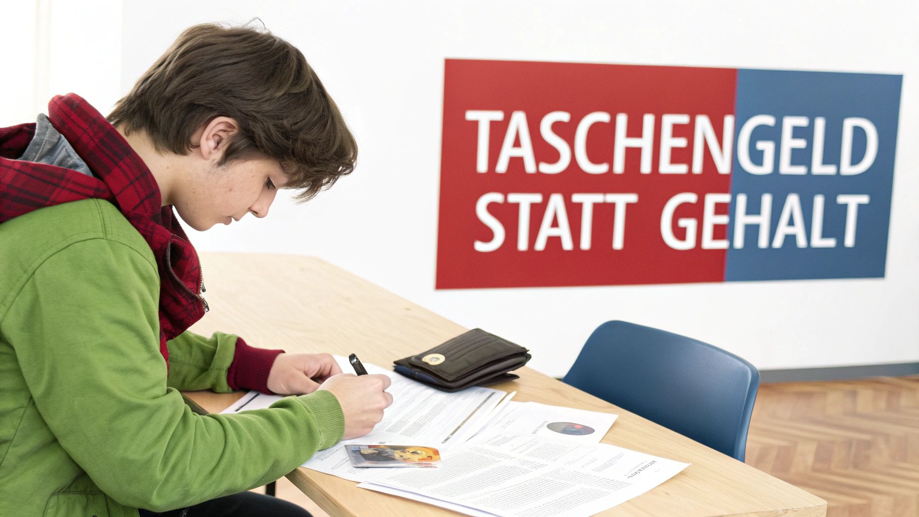 Ein junger Mann sitzt an einem Tisch und schreibt auf Unterlagen, mit einem Schild 'Taschengeld statt Gehalt' im Hintergrund.