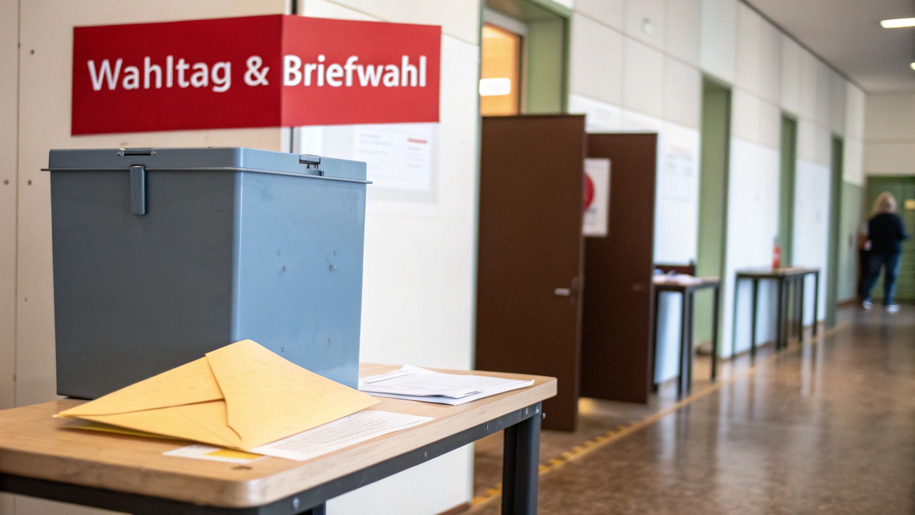 Wahlurne und gelbe Briefumschläge auf einem Tisch am Wahltag zur Kommunalwahl in Deutschland